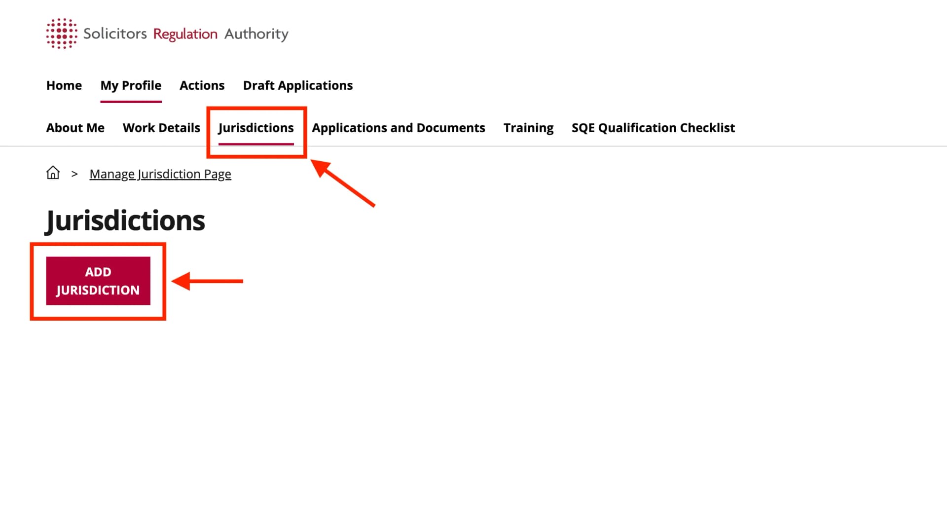mySRA "My Profile" section with the "Jurisdictions" tab and the red "Add jurisdiction" button highlighted.