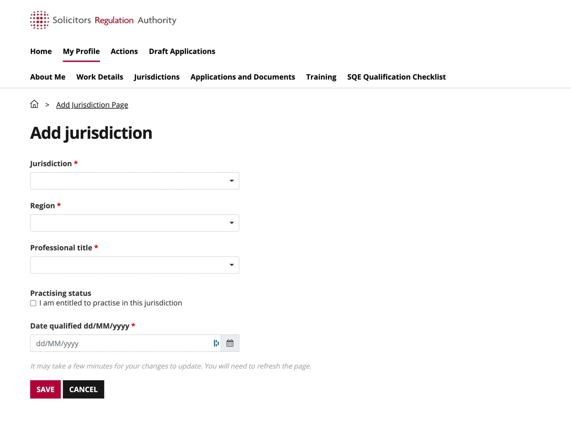 The mySRA "Add jurisdiction" form, with required Jurisdiction, Region and Professional title dropdowns, an "I am entitled to practise in this jurisdiction" practising-status checkbox, a "Date qualified dd/MM/yyyy" field, and Save and Cancel buttons.
