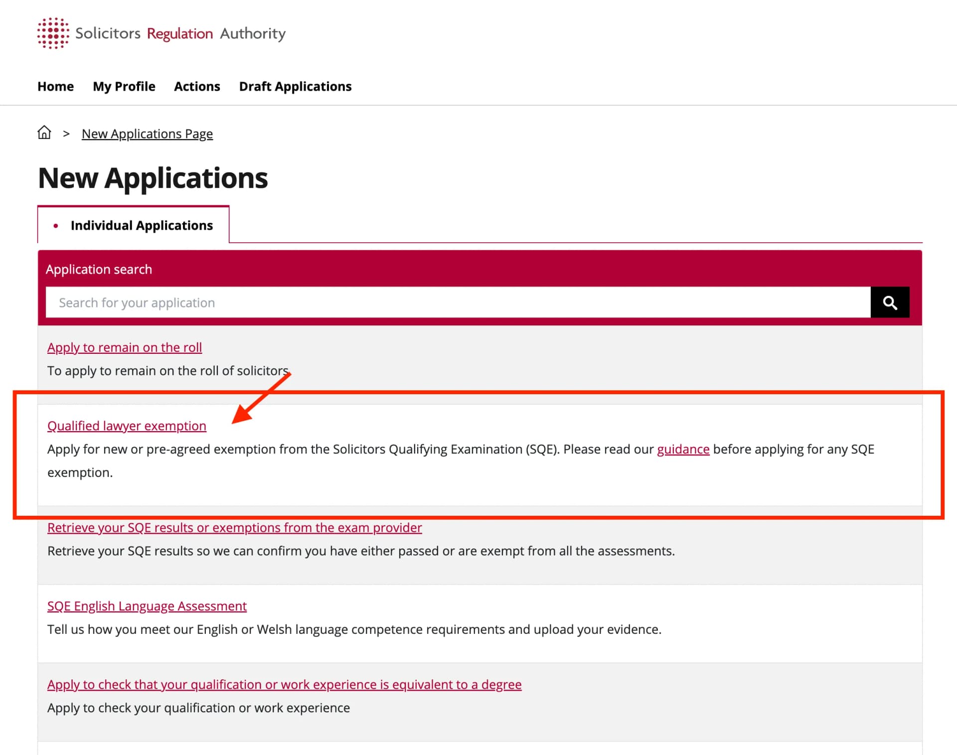 The mySRA "New Applications" list with "Qualified lawyer exemption — apply for new or pre-agreed exemption from the Solicitors Qualifying Examination" highlighted.