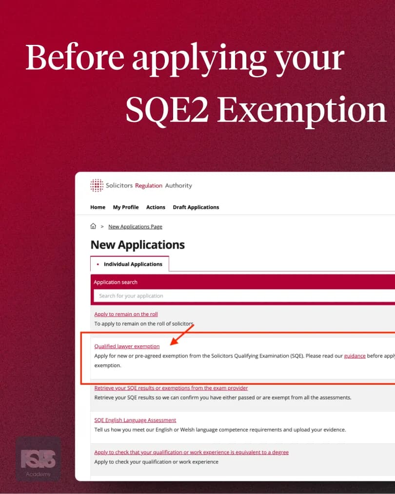 Before applying for your SQE2 exemption: the mySRA "New Applications" list, with the "Qualified lawyer exemption" application highlighted.